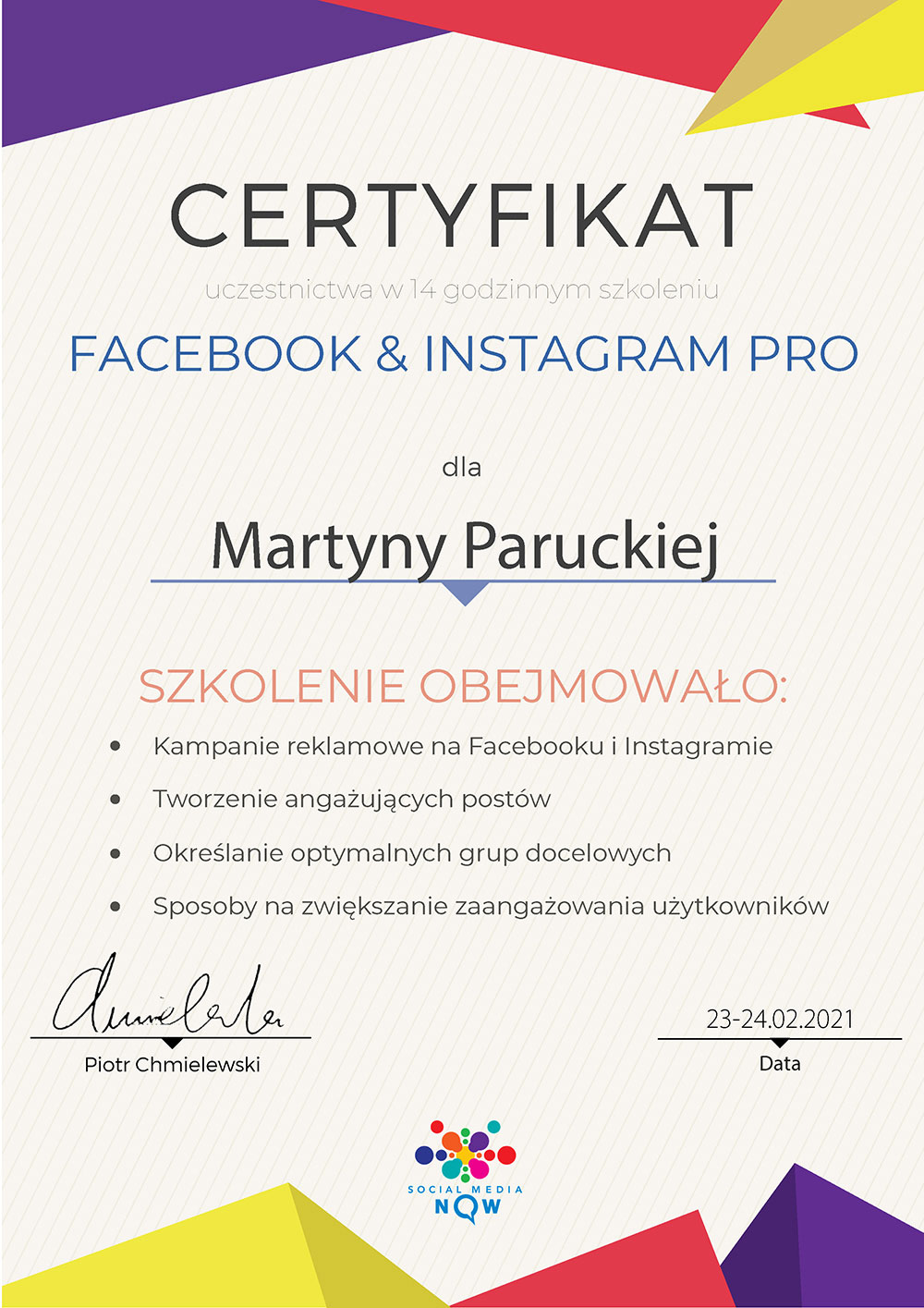 Certyfikat - Facebook i Instagram PRO