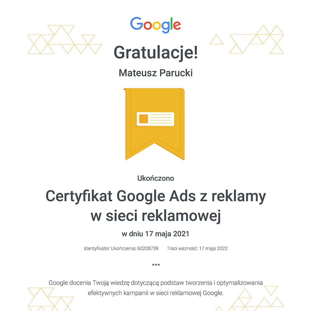 Certyfikat Google Ads - reklamy w sieci reklamowej