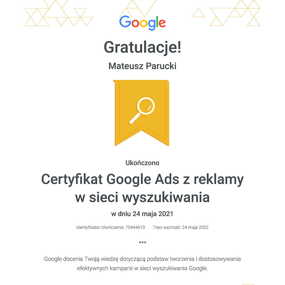 Certyfikat Google Ads - reklamy w sieci wyszukiwania